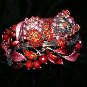 Sparkling Red Gem Panda Silver Tone Hinged Cuff Bracelet